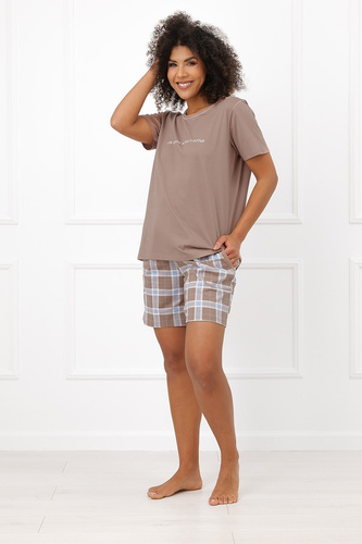 Damen-Pyjama Italian Fashion Delma 100% Baumwolle Kariert Shorts mit Taschen – Cappuccino