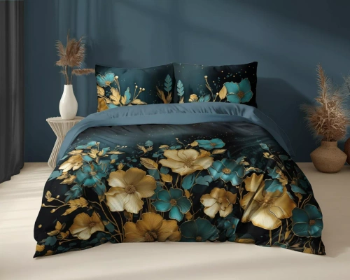 5118 Eine dunkle Baumwollbettwäsche von Holland Detexpol mit goldenen und türkisfarbenen Blumen – 100 % Baumwolle, doppelseitig, polnische Produktion