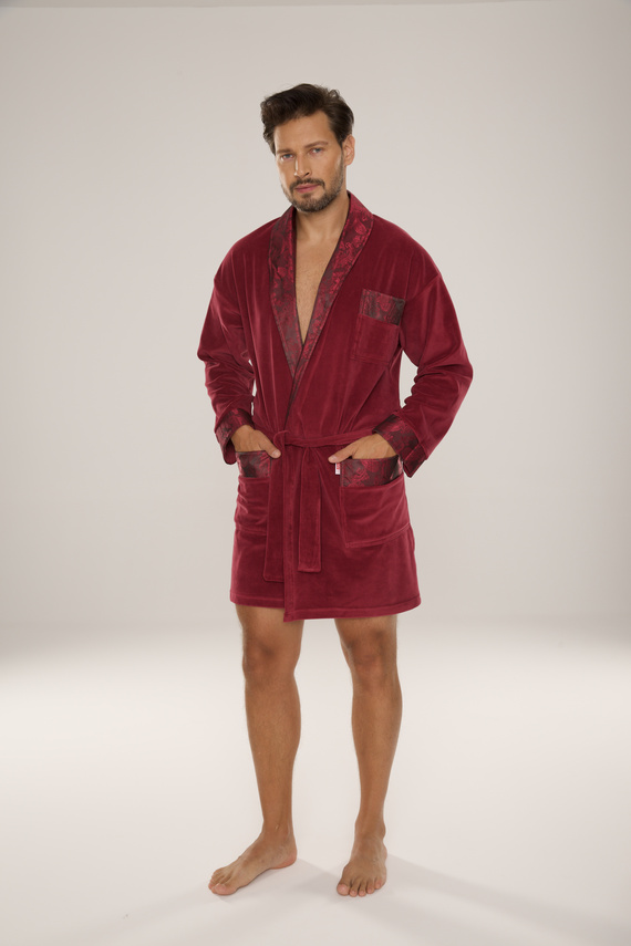 866 Noble Men's De Lafense Velours Bademantel - kurz, elegant, Baumwolle - burgunderrot
