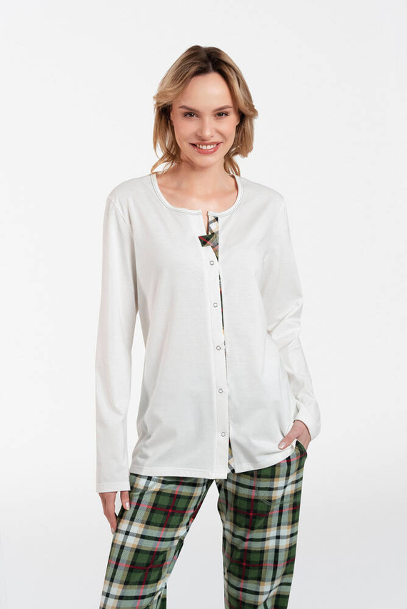 Asama Unbuttoned Ladies' Pyjamas lange Ärmel, lange Hosen Italian Fashion - ecru/print