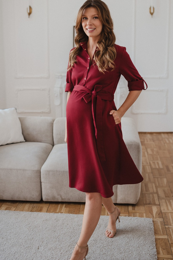 Umstands- und Stillkleid aus Modal, midi, mit Druckknöpfen und Gürtel, Milk&Love Polska – bordeaux