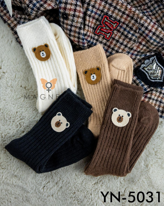 YN5031 Smiley Teddybär Warme Damensocken Magnetis schwarz - gerippt mit Stickerei