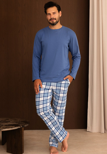 Herren-Pyjama Regina 6006 100% Baumwolle Lange Hose kariert-blau
