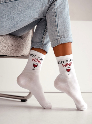 Damen Baumwollsocken Milena 0200-240 But First Wine– gerippt bequem für Alltag white