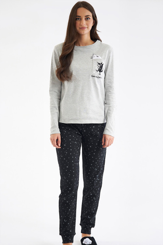 Shearly Piżama damska Sorbetto szara – 100% bawełna, aplikacja 3D, spodnie z ściągaczami