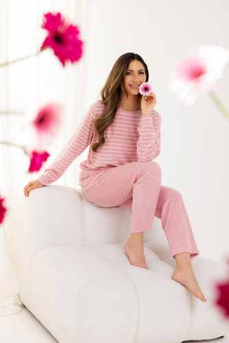 713 Damen-Pyjama Regina, rosa – warmer Frottee, gestreift, lange Ärmel