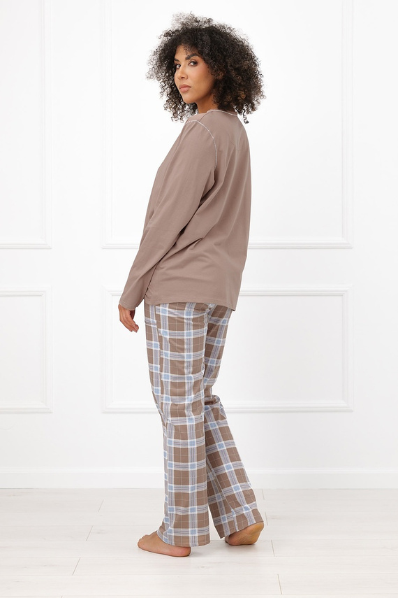 Damen-Pyjama Italian Fashion Delma 100% Baumwolle Lang Hose Kariert-Cappuccino