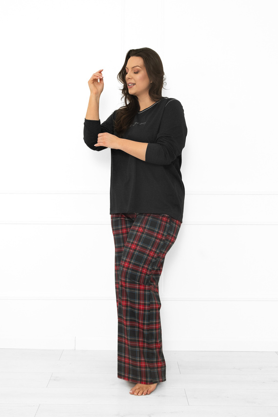 Italian Fashion Damen Schlafanzug dunkel melange-baumwolle, langarm und Hose, kariert 