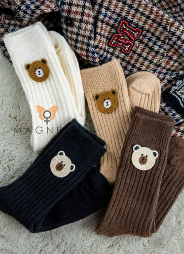 YN5031 Smiley Teddybär Warme Damensocken Magnetis schwarz - gerippt mit Stickerei