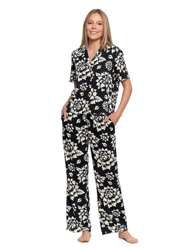 PDD5500-006 Moraj-Pyjama, Schwarz – Viskose, kurze Ärmel, geknöpft, Blumenmotiv