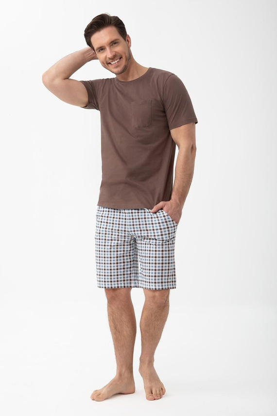 Männer-Pyjama 1601 Luna braun aus Baumwolle mit karierten kurzen Hosen