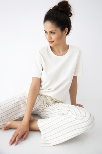 Damenpyjama Soleil Sensis ecru-beige, Baumwolle, kurzer Arm, lange Hose