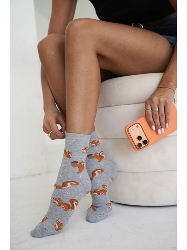 Milena 0200-260 Damen Baumwollsocken Wiewiórki i Gwiazdki grau