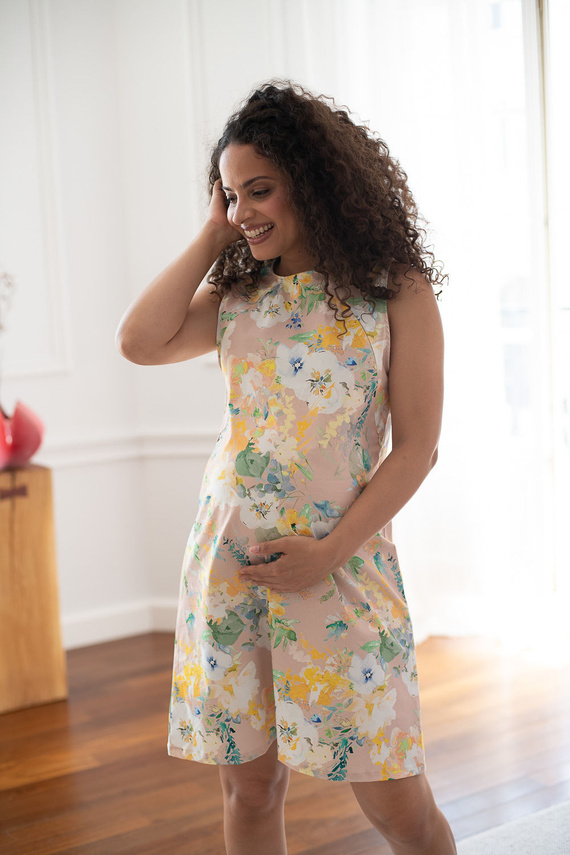 Mama MiA! Milk & Love Umstands- und Stillkleid aus Baumwolle, beige mit Blumenmuster