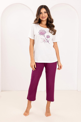 Damen Pyjama Regina 734 aus 100% Baumwolle – Kurzarm-Shirt mit Print, 7/8 Hose, Atmungsaktiv, Bequem & Sommerlich