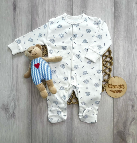 Mamatti Babystrampler Weiß mit Bären Baumwolle mit Druckknöpfen