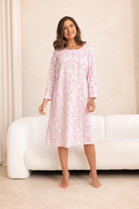 Nachthemd Regina 021 100% Baumwolle Langarm Pflanzliches Muster - rosa