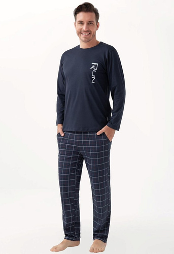 Herrenpyjama 810 Luna, Marineblau – Baumwolle, lange Ärmel, Hose mit Taschen