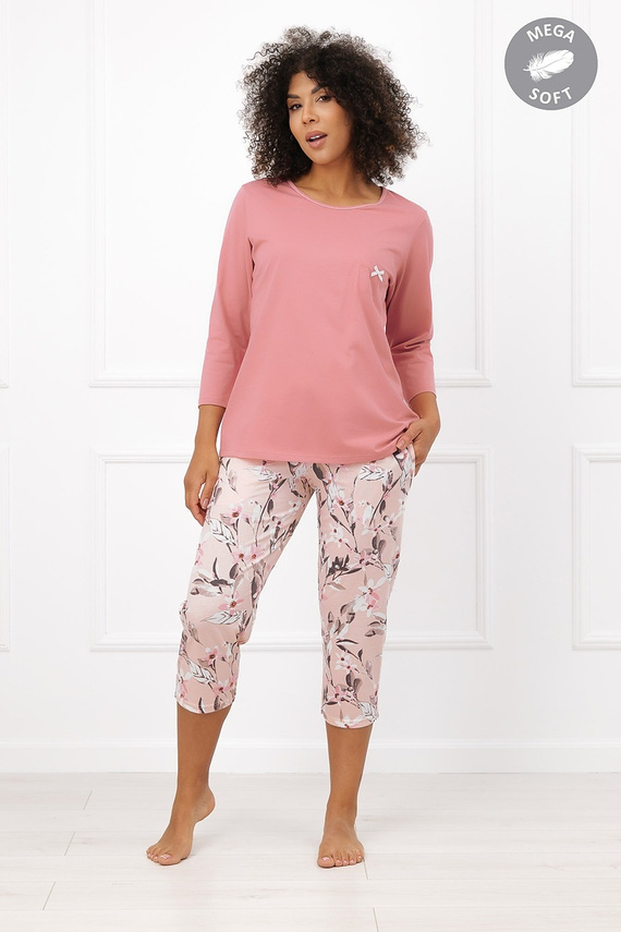 Italian Fashion Kafelia Damen-Pyjama Mega Soft 3/4 Blumen mit Tasche