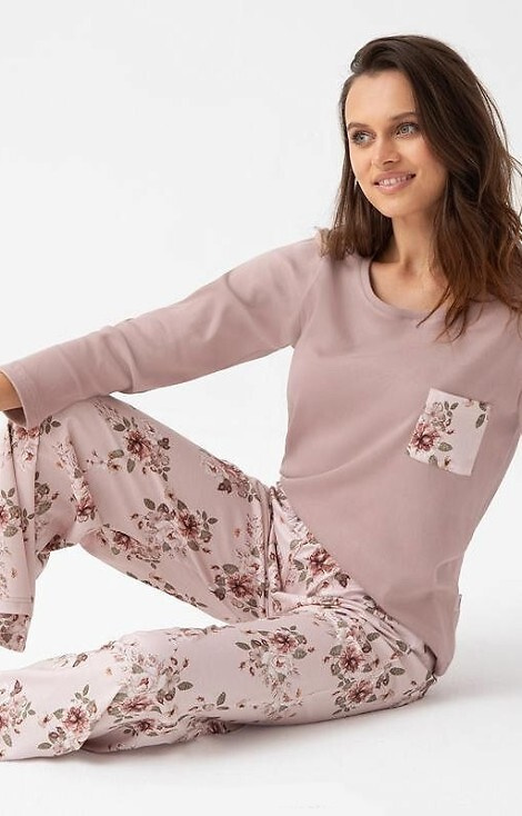 348 Damenpyjama Luna beige – Baumwolle, lange Ärmel, Blumenmuster, Komfort und Stil