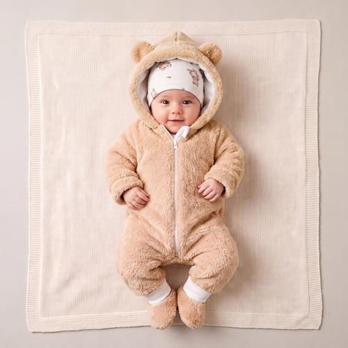 227270 Nicol BENEK Baby-Strampler mit Bärchenmuster + beige Baby-Booties mit Kapuze