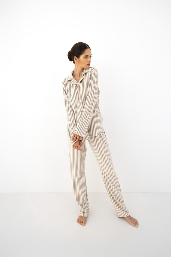 Damen-Pyjama Sensis Avelin Mocca warm, zum Knöpfen, mit Kragen