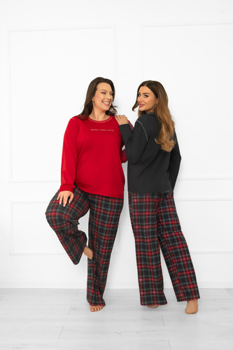 Italian Fashion Damen Schlafanzug dunkel melange-baumwolle, langarm und Hose, kariert 