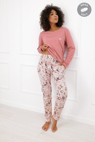 Italian Fashion Kafelia Damen-Pyjama Mega Soft lang mit Blumenmuster und Schleife