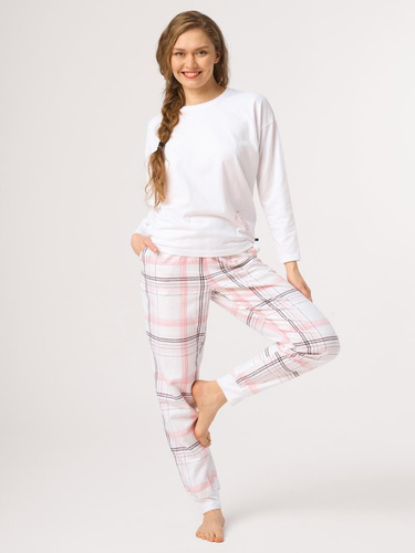 Damen-Pyjama Key LNS 416 weiß – 100% Baumwolle, Flanellhose kariert
