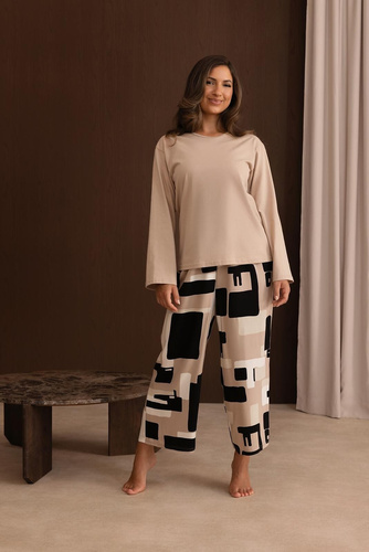 Damen-Pyjama Regina 4021 aus Baumwolle und Viskose, 7/8-Länge, locker, Komfort, beige