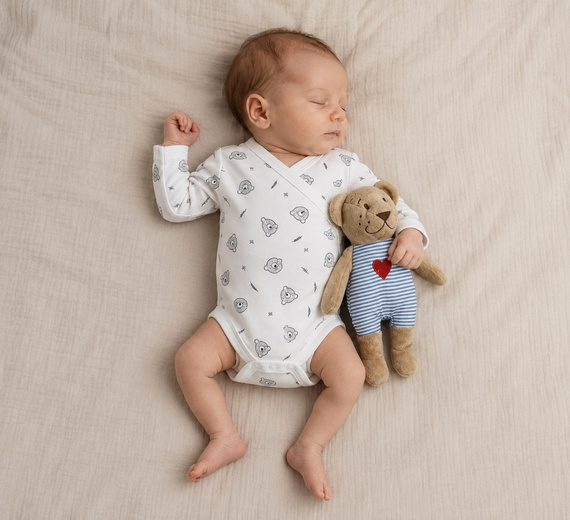 BD16426 Mamatti Weißes Baby-Body mit langem Arm, Baumwolle, Komfort, Motiv Bär