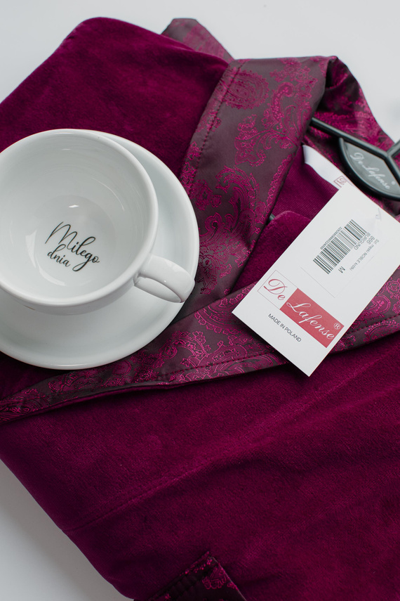 866 Noble Men's De Lafense Velours Bademantel - kurz, elegant, Baumwolle - burgunderrot