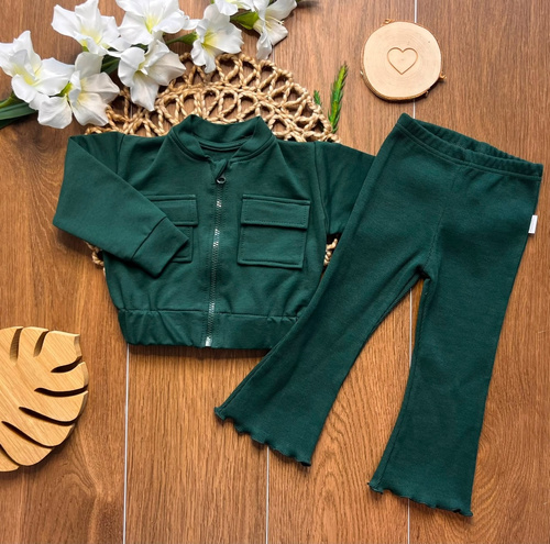 Mamatti DR819 Grüner Mädchen-Sweatanzug mit Reißverschluss Bomberjacke und Leggings mit Glockenform und Rippstruktur