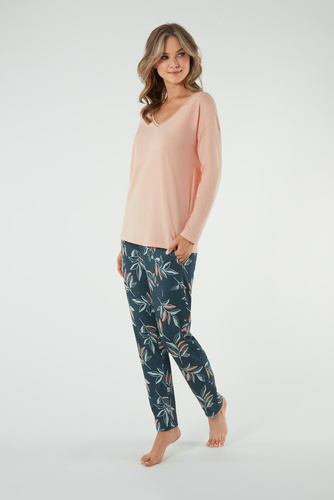 Julietta Damen Schlafanzug langarm, lange Hose Italian Fashion - lachs/print