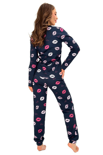 Donna Kiss Long Damen-Pyjama, marineblau, 100% Baumwolle, lange Hose