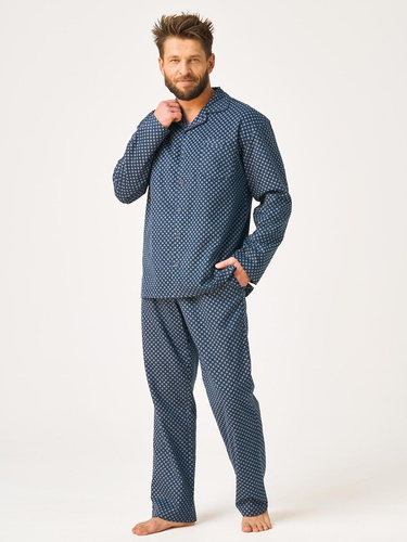 Herren-Pyjama Key MNS 432 Jeans Flanell 100% Baumwolle lang mit Knöpfen
