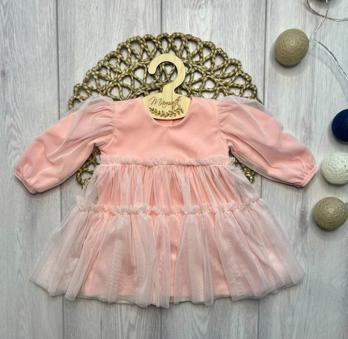 Mädchenkleid Mamatti SZ351 aus Baumwolle mit Tüll, langärmlig – apricot