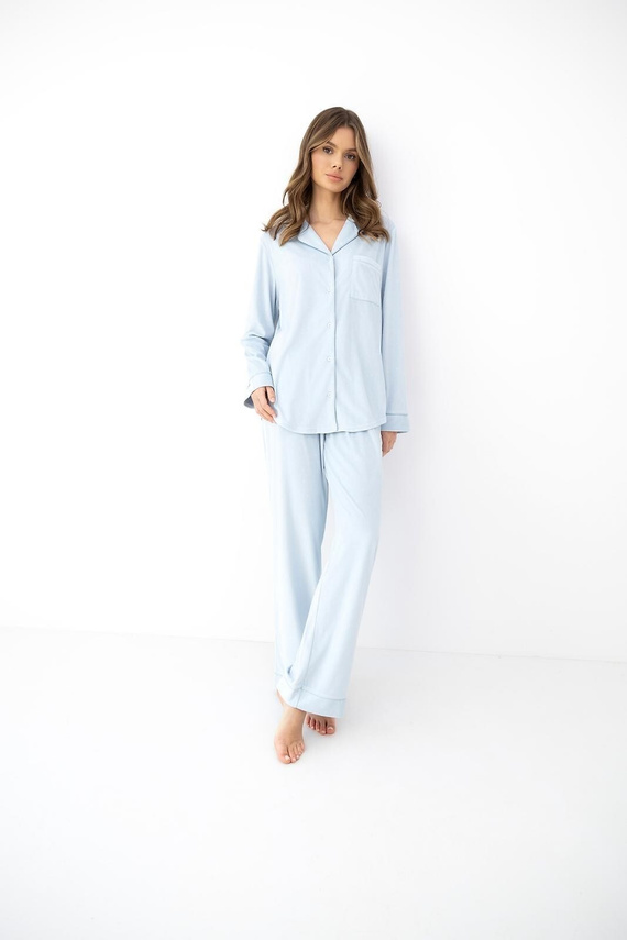 Sensis Isolde Damenpyjama blau mit Punkten, aus Velours, mit Knöpfen