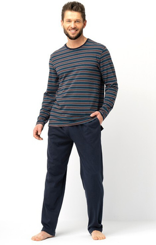 Brauner Herrenpyjama MNS 315 Key – Baumwolle, gestreiftes Sweatshirt und schlichte Hose