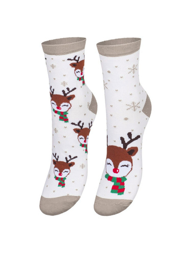 1283-015 Weihnachtssocken für Damen mit Rentier im Schal Milena – Ecru Beige