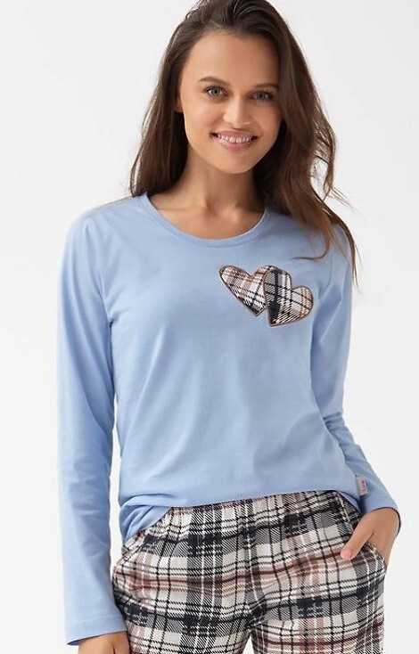 322 Luna blau – Damen-Pyjama aus Baumwolle, Herzen, lange Ärmel, karierte Hose