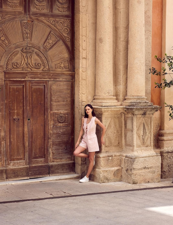 Pyjama Felicity Sensis weiß-rosa Leinen Baumwolle Streifen