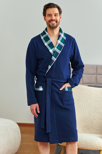 7366 Doktor Nickerchen | Marineblauer Premium-Bademantel für Herren mit kariertem Finish – 100 % Baumwolle – Marineblau