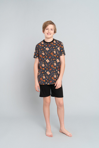 Western Jungen Schlafanzug kurzarm, Hose Italian Fashion- graphit/schwarz