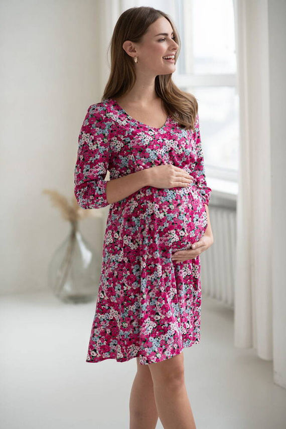 Schönes Midi-Umstands- und Stillkleid mit 3/4-Ärmeln von Milk&Love mit Blumen