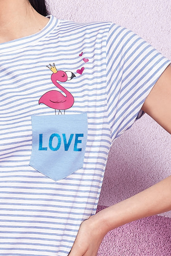 Oxksana Koszula nocna niebieska – 100% bawełna, paski i falbanka