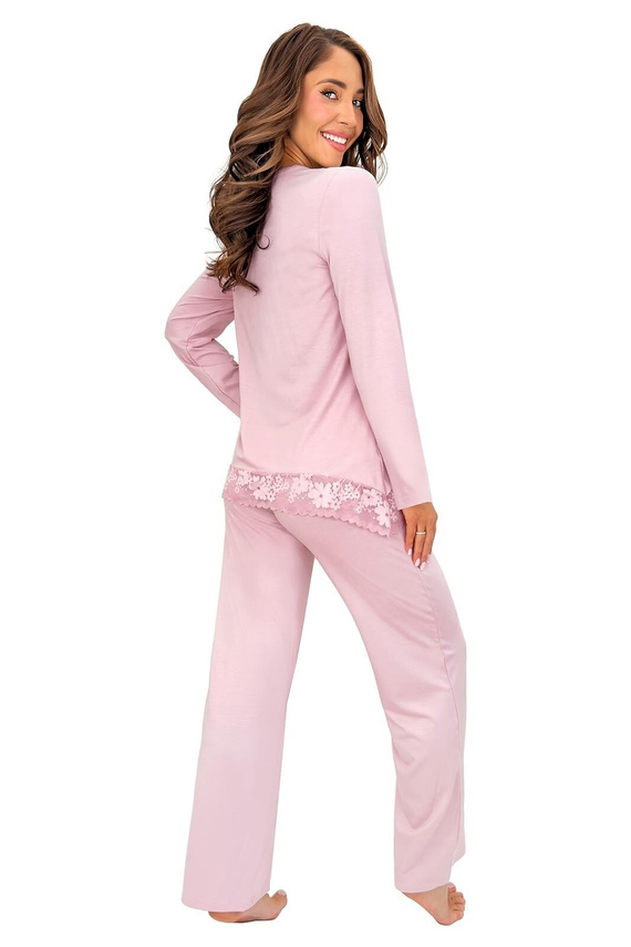 Damen-Pyjama Donna Ramona Long aus Viskose mit Spitze, puderrosa, langärmlig, lange Hose