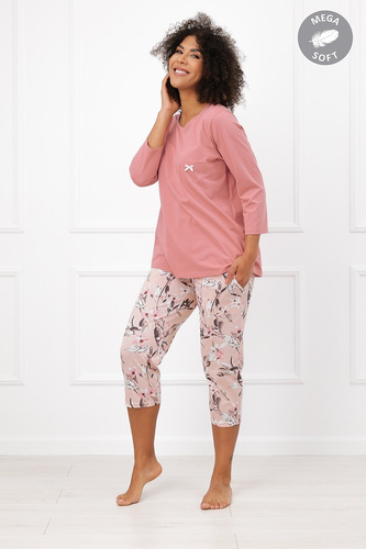 Italian Fashion Kafelia Damen-Pyjama Mega Soft 3/4 Blumen mit Tasche