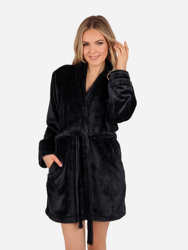 Olivia Kurzer Fleece-Bademantel für Damen von ByShelly – Schwarz