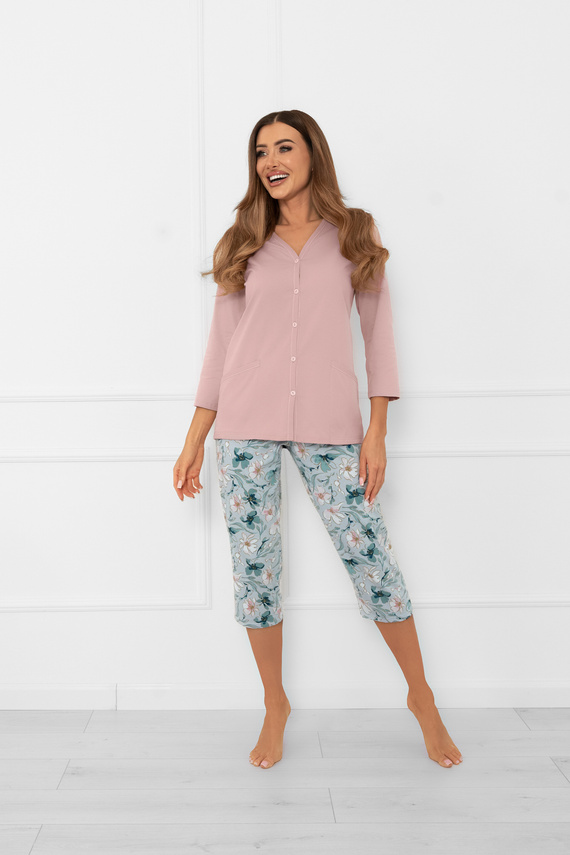 Damen Schlafanzug Sekwoja - Baumwolle, 3/4 Ärmel und Hose, mit Knöpfen Italian Fashion  